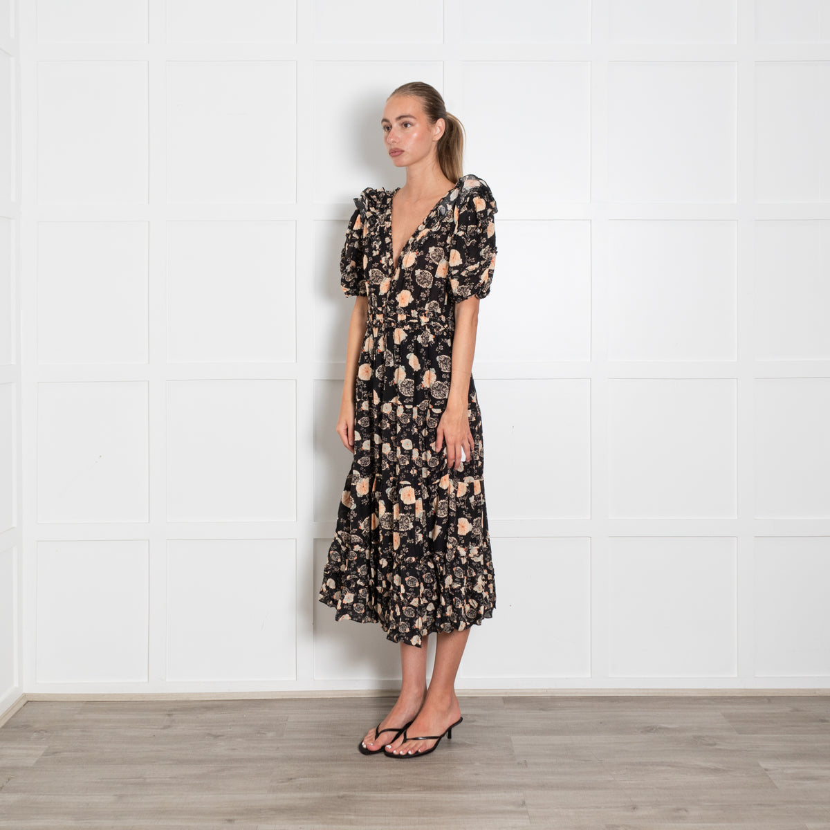 Ulla Johnson Irvette Black Floral Puff Sleeve Dress