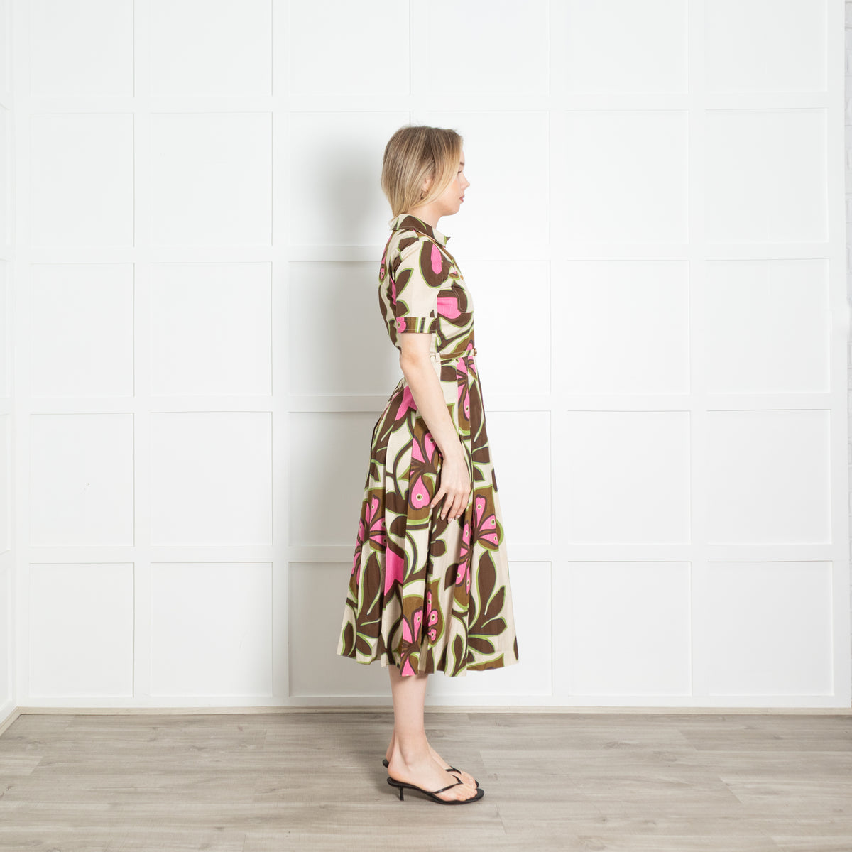 Gucci Light Beige Brown Pink Heart And Leaf Print Cotton Belted Dress