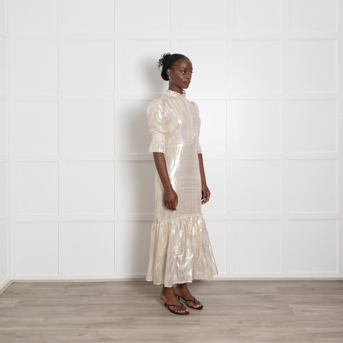 Wyse Gold Lurex Puff Sleeve Midi Dress