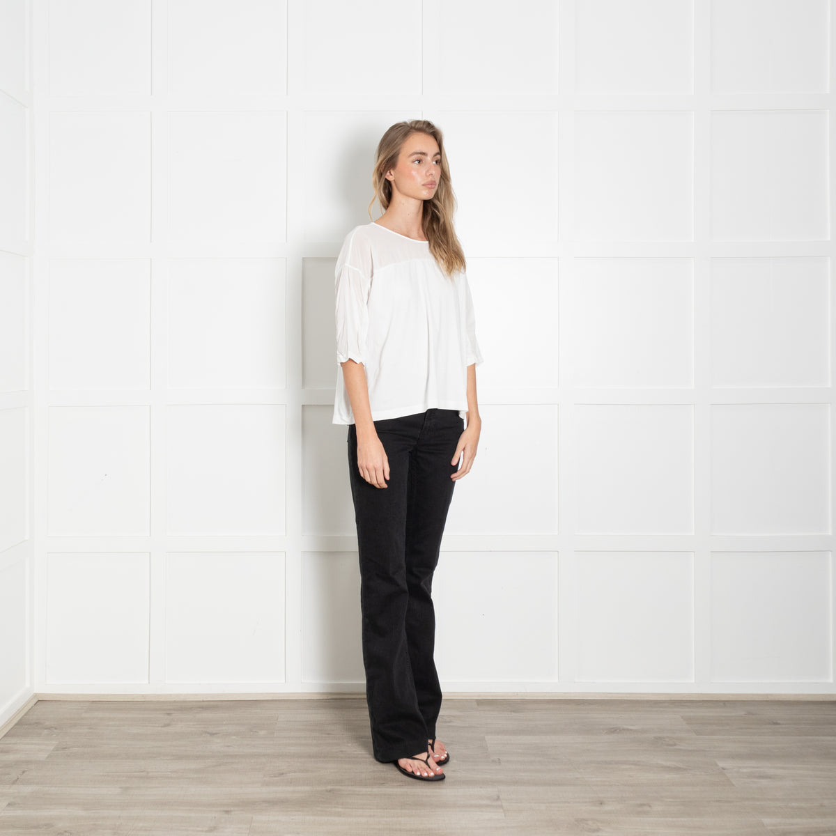 Transit White Stretch Crepe Back Button Blouse