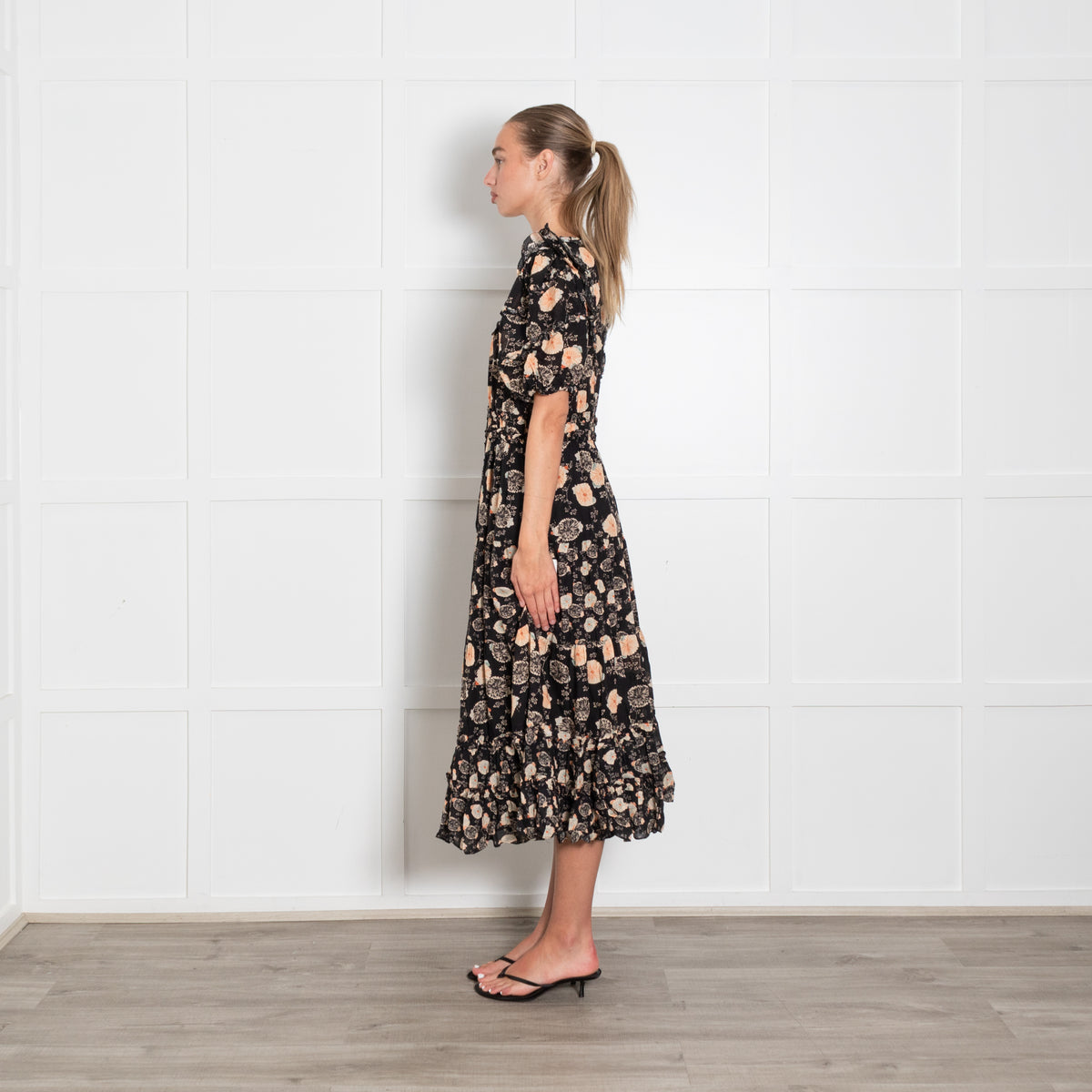 Ulla Johnson Irvette Black Floral Puff Sleeve Dress