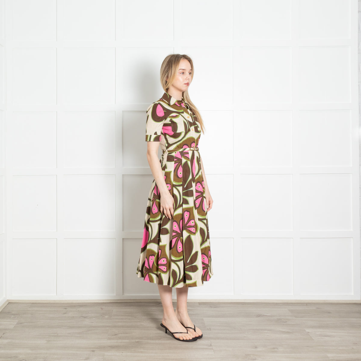 Gucci Light Beige Brown Pink Heart And Leaf Print Cotton Belted Dress