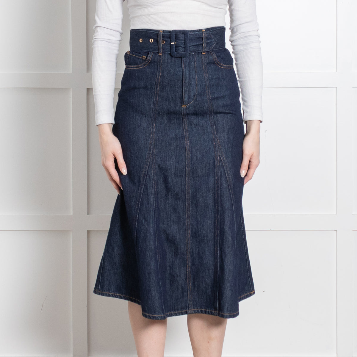 Ba&Sh Dark Denim Belted A-Line Midi Skirt