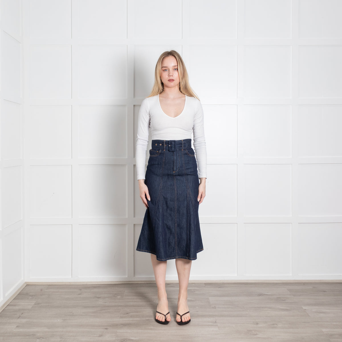 Ba&Sh Dark Denim Belted A-Line Midi Skirt