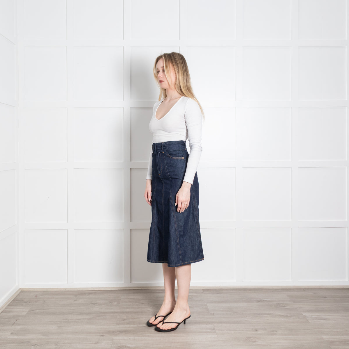 Ba&Sh Dark Denim Belted A-Line Midi Skirt