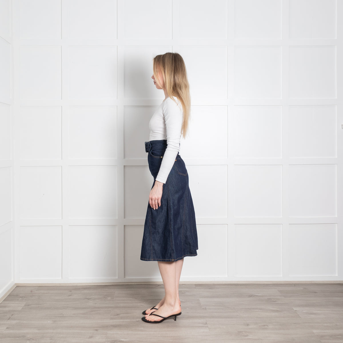 Ba&Sh Dark Denim Belted A-Line Midi Skirt
