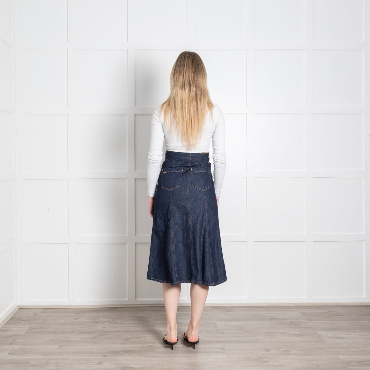 Ba&Sh Dark Denim Belted A-Line Midi Skirt