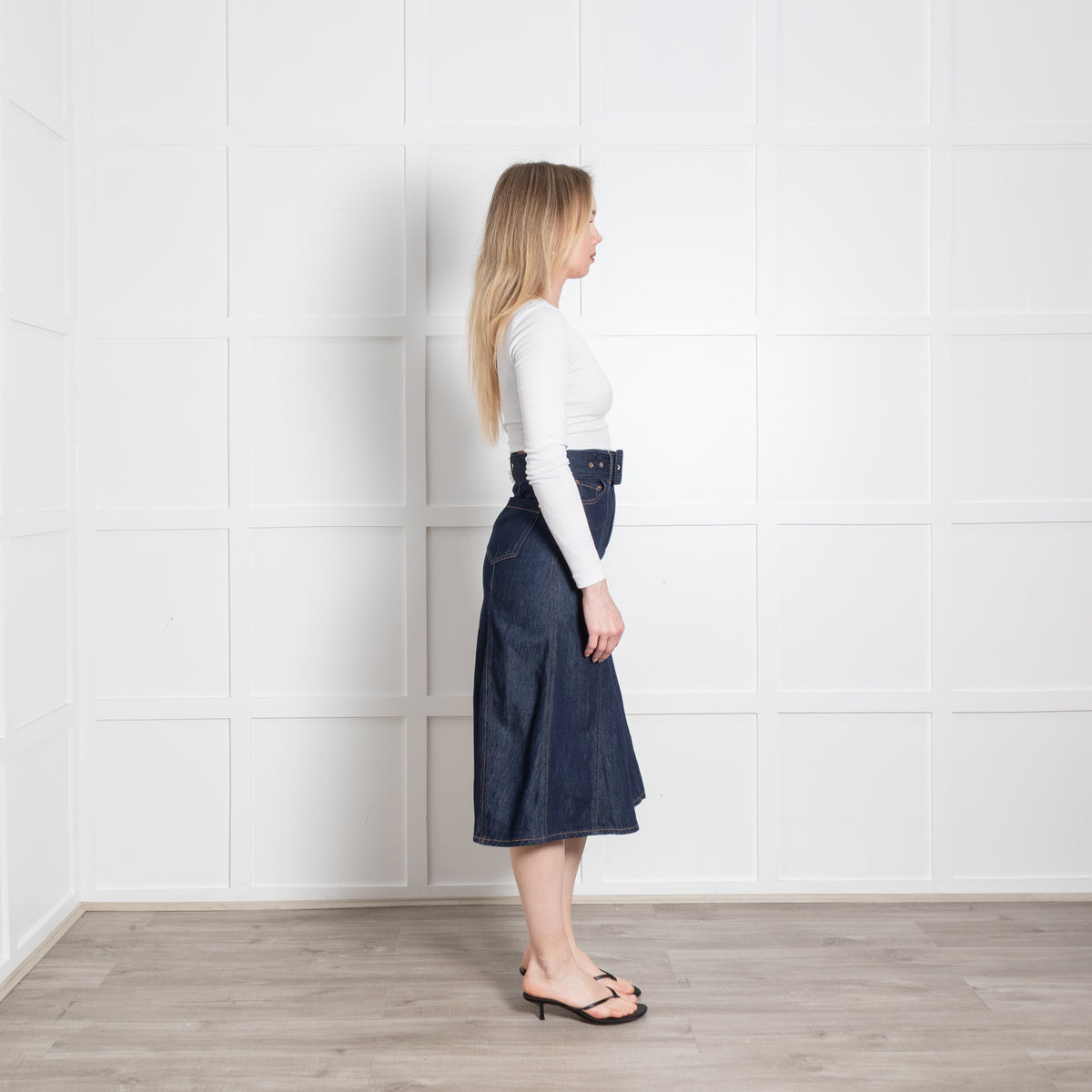 Ba&Sh Dark Denim Belted A-Line Midi Skirt