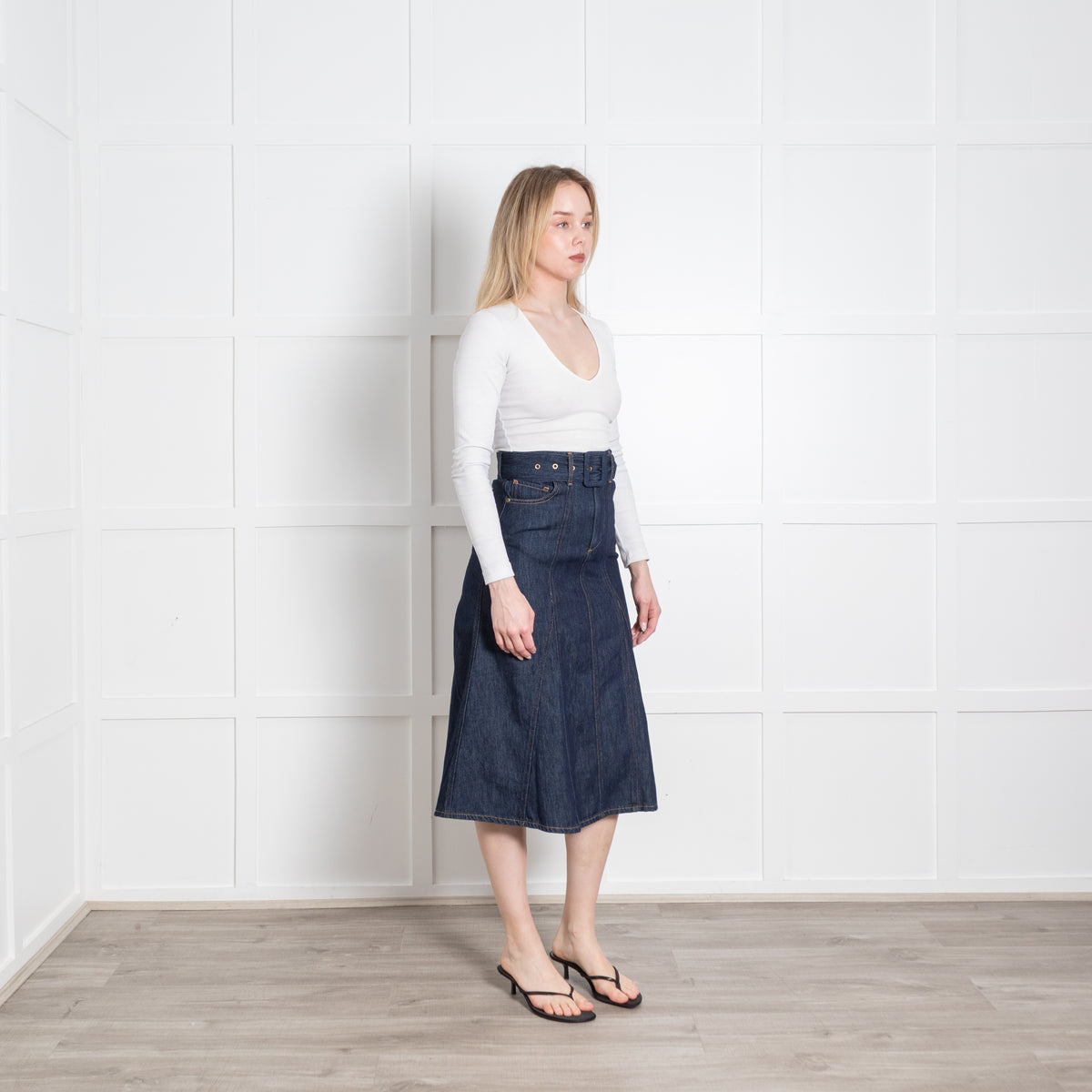 Ba&Sh Dark Denim Belted A-Line Midi Skirt