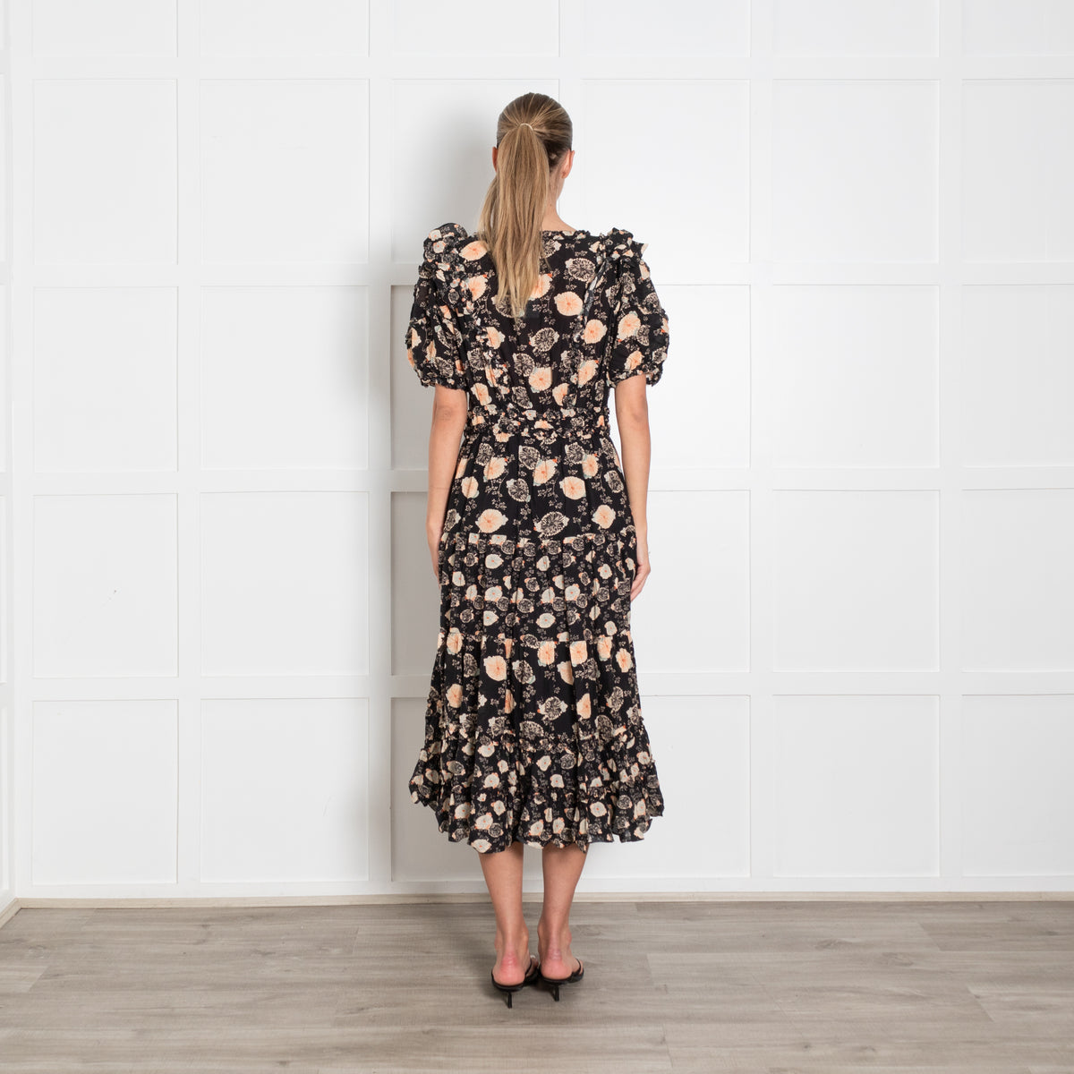 Ulla Johnson Irvette Black Floral Puff Sleeve Dress