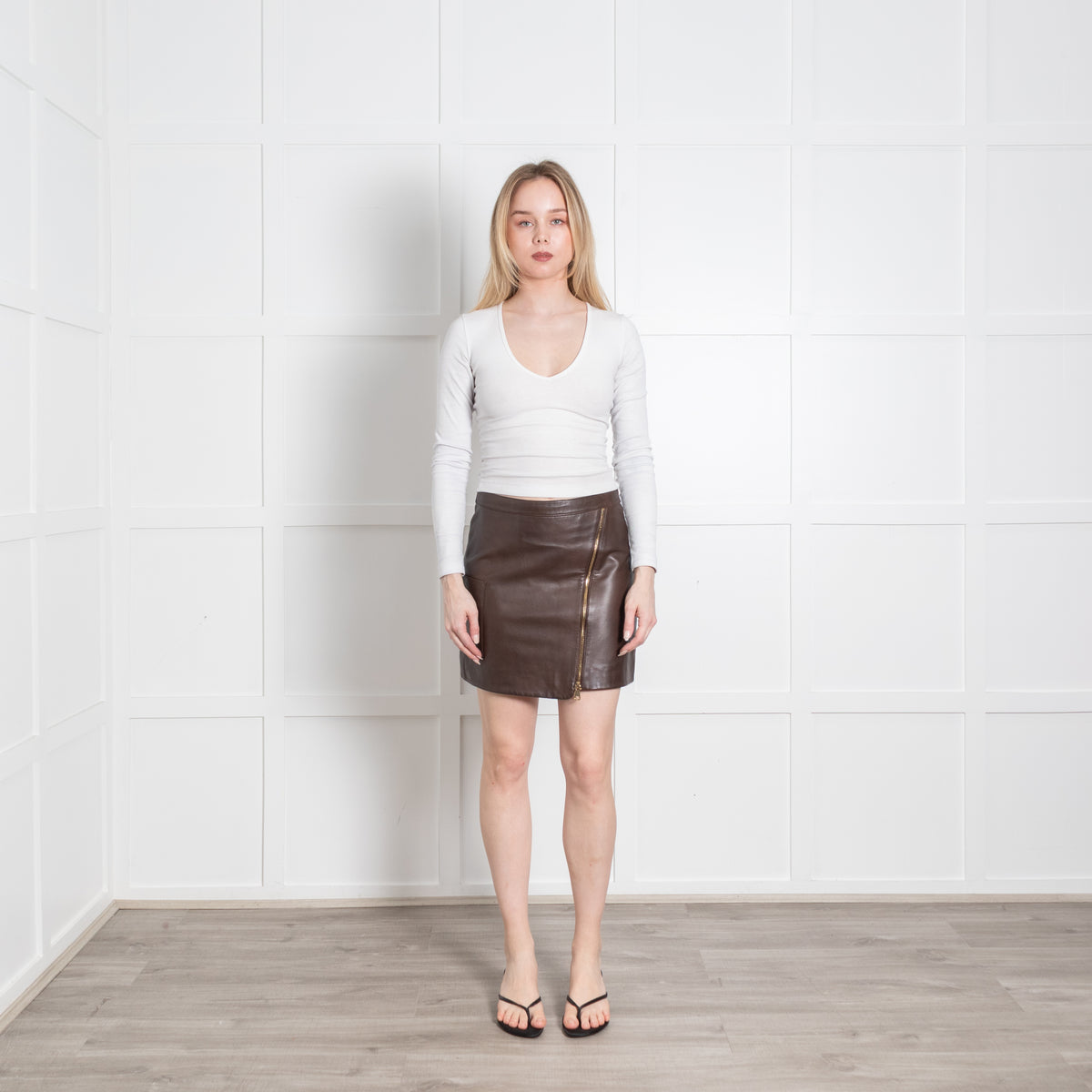 Bash Brown Leather Front Gold Zip Mini Skirt