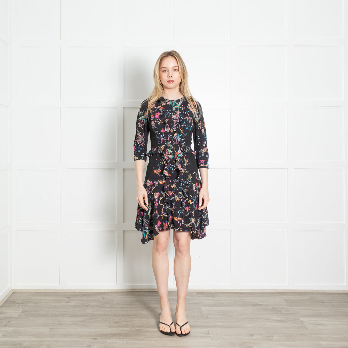 Etro Black Multicolour Floral Frill Trim Dress