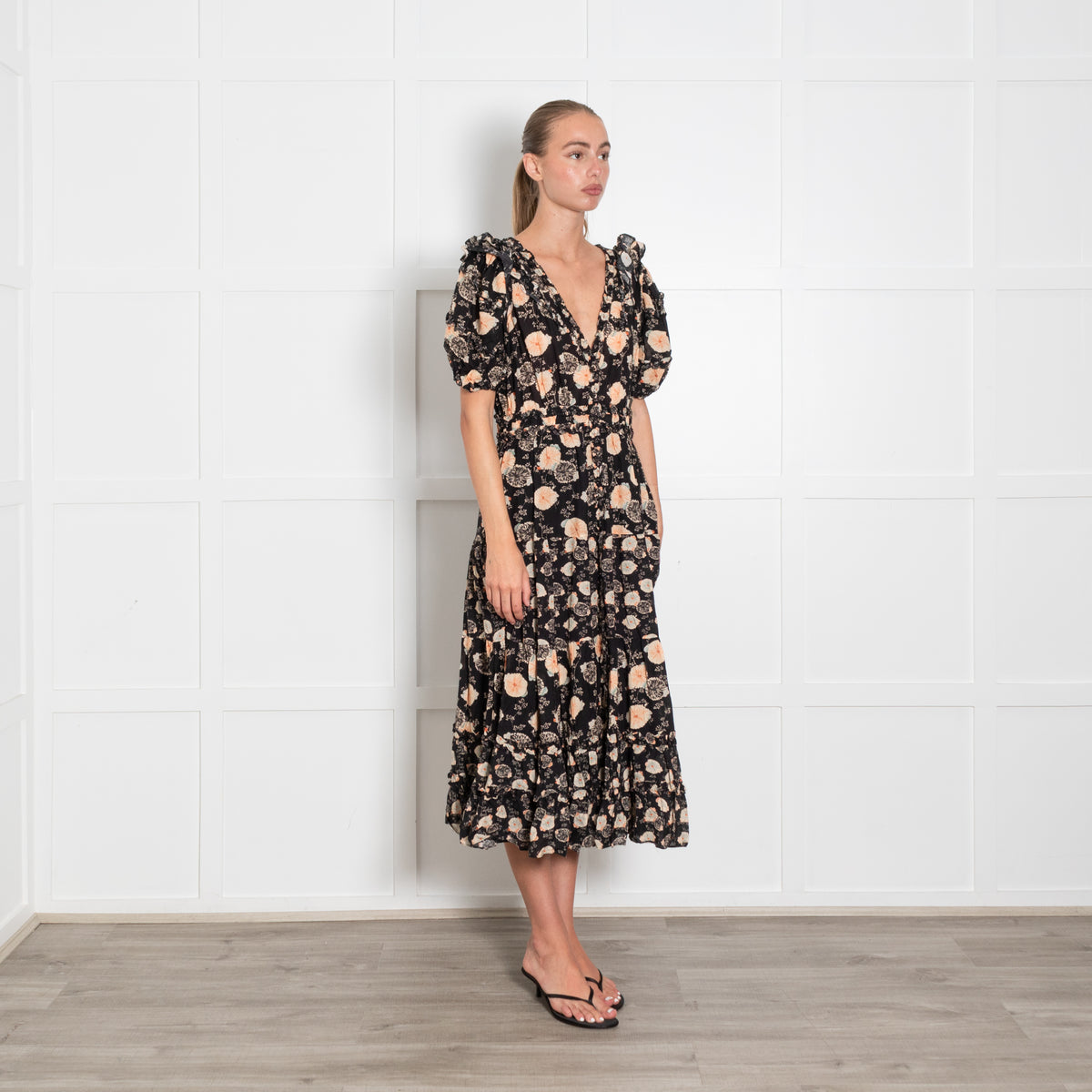 Ulla Johnson Irvette Black Floral Puff Sleeve Dress