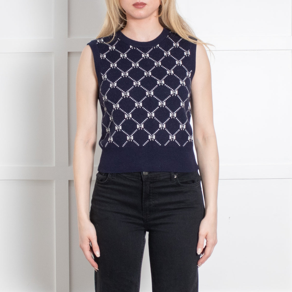 Maje Navy Blue White Knit Sleeveless Sweater