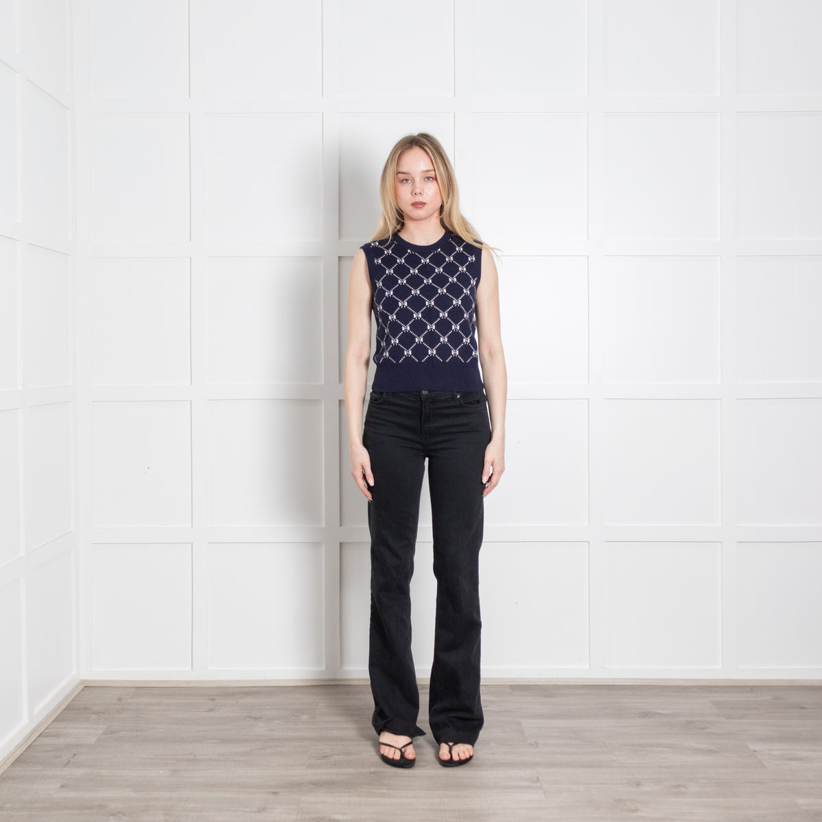 Maje Navy Blue White Knit Sleeveless Sweater