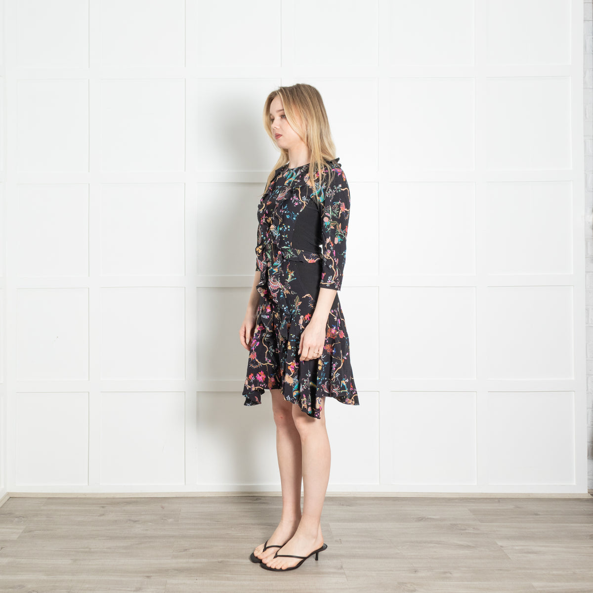 Etro Black Multicolour Floral Frill Trim Dress