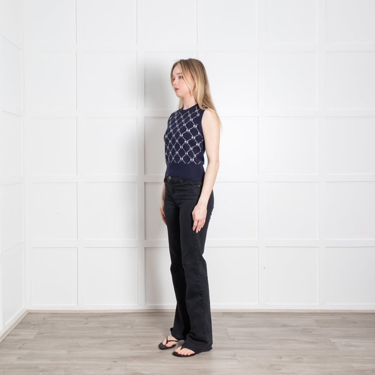 Maje Navy Blue White Knit Sleeveless Sweater