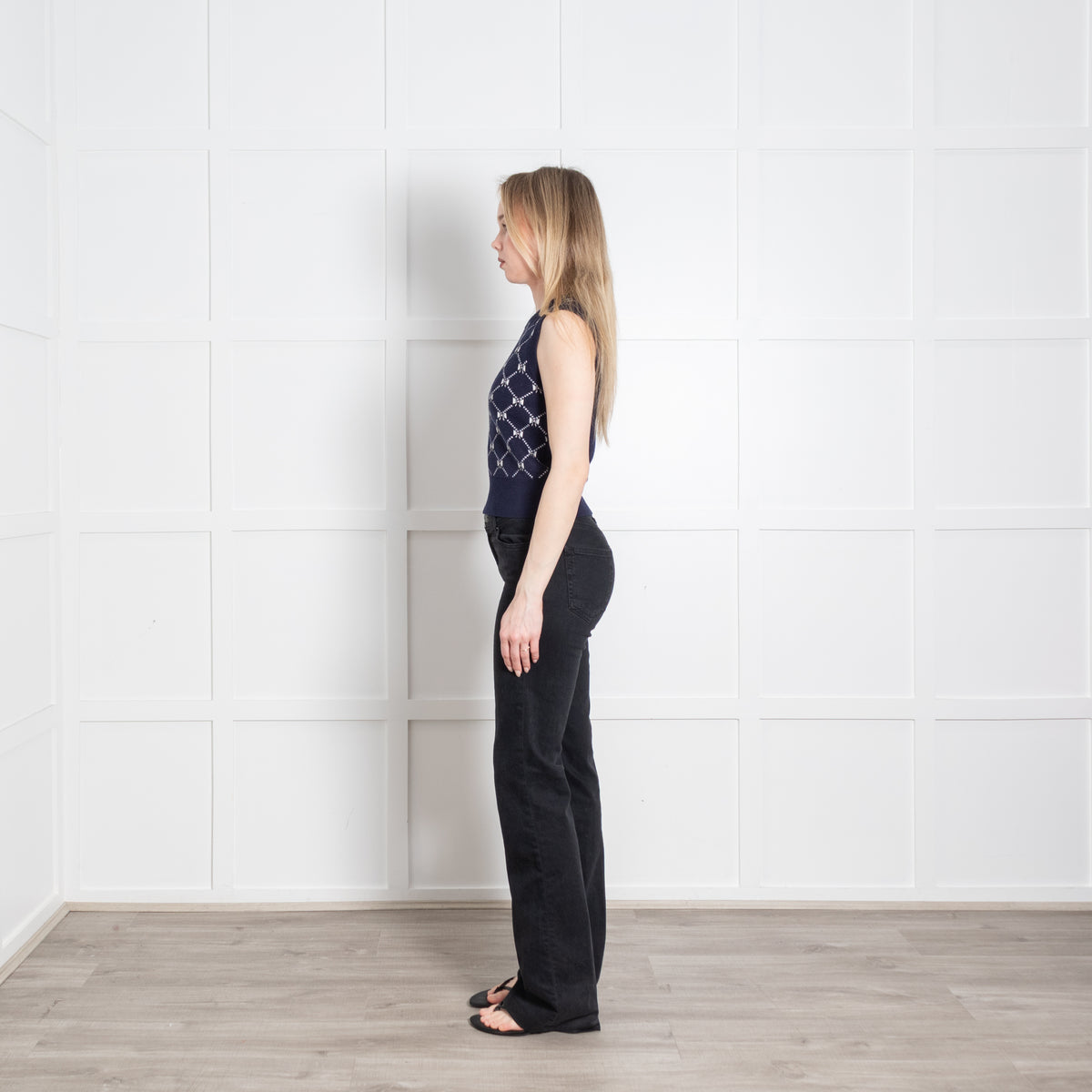 Maje Navy Blue White Knit Sleeveless Sweater