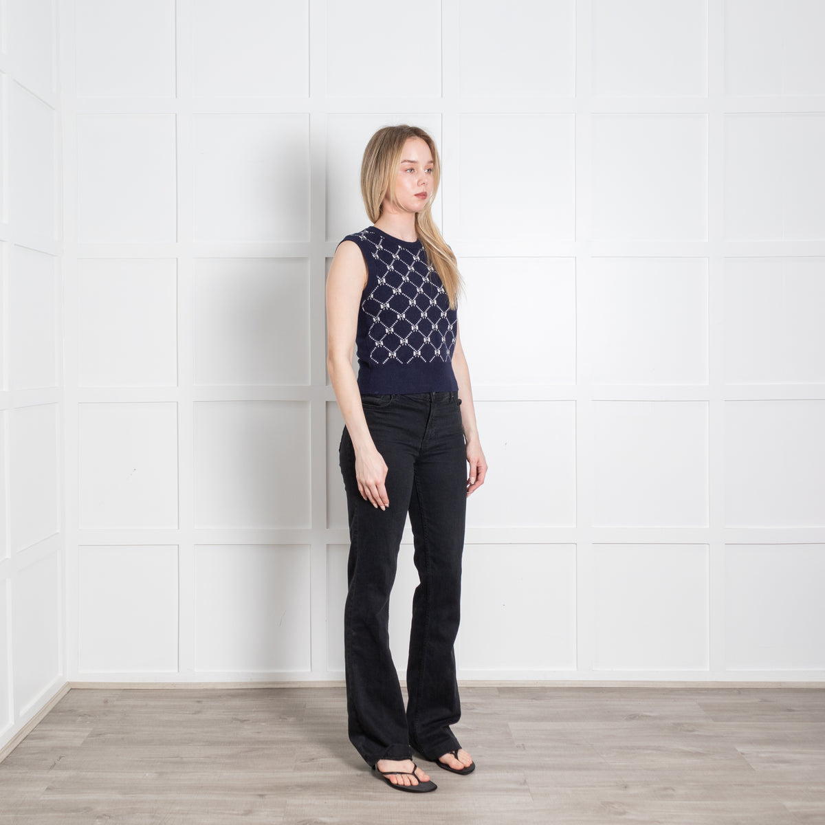 Maje Navy Blue White Knit Sleeveless Sweater