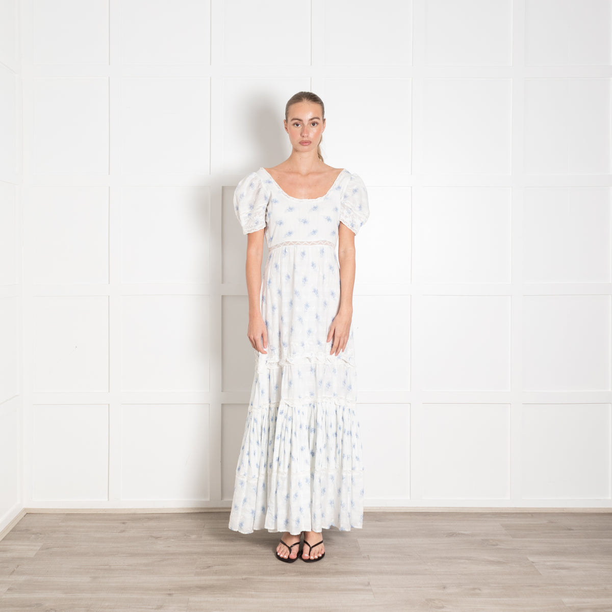 Love Shack Fancy White Cotton Maxi Dress with Pale Blue Flowers