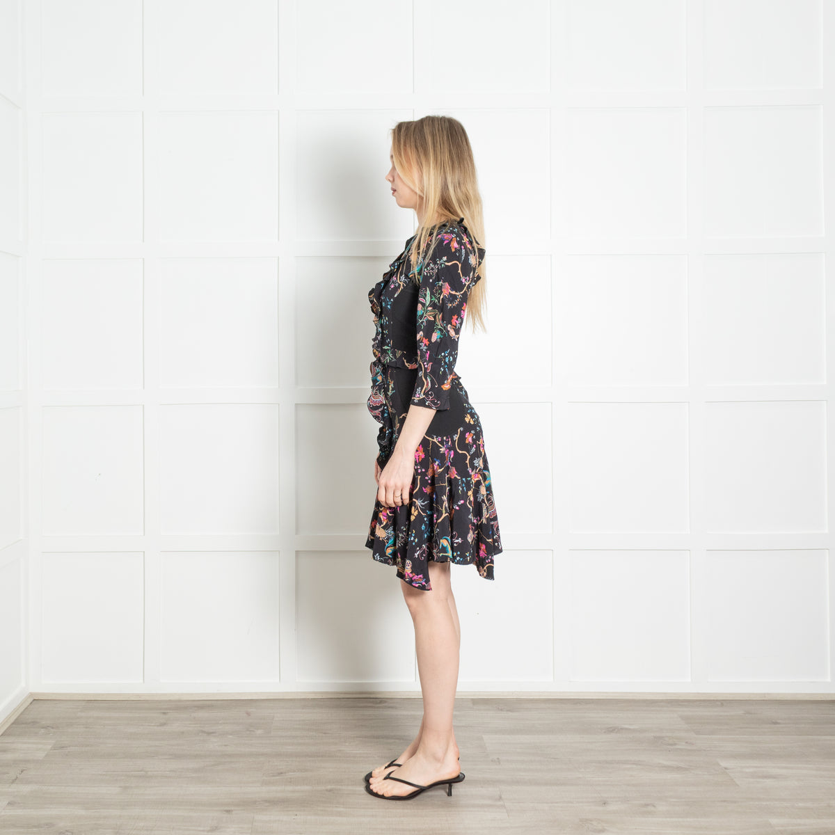 Etro Black Multicolour Floral Frill Trim Dress