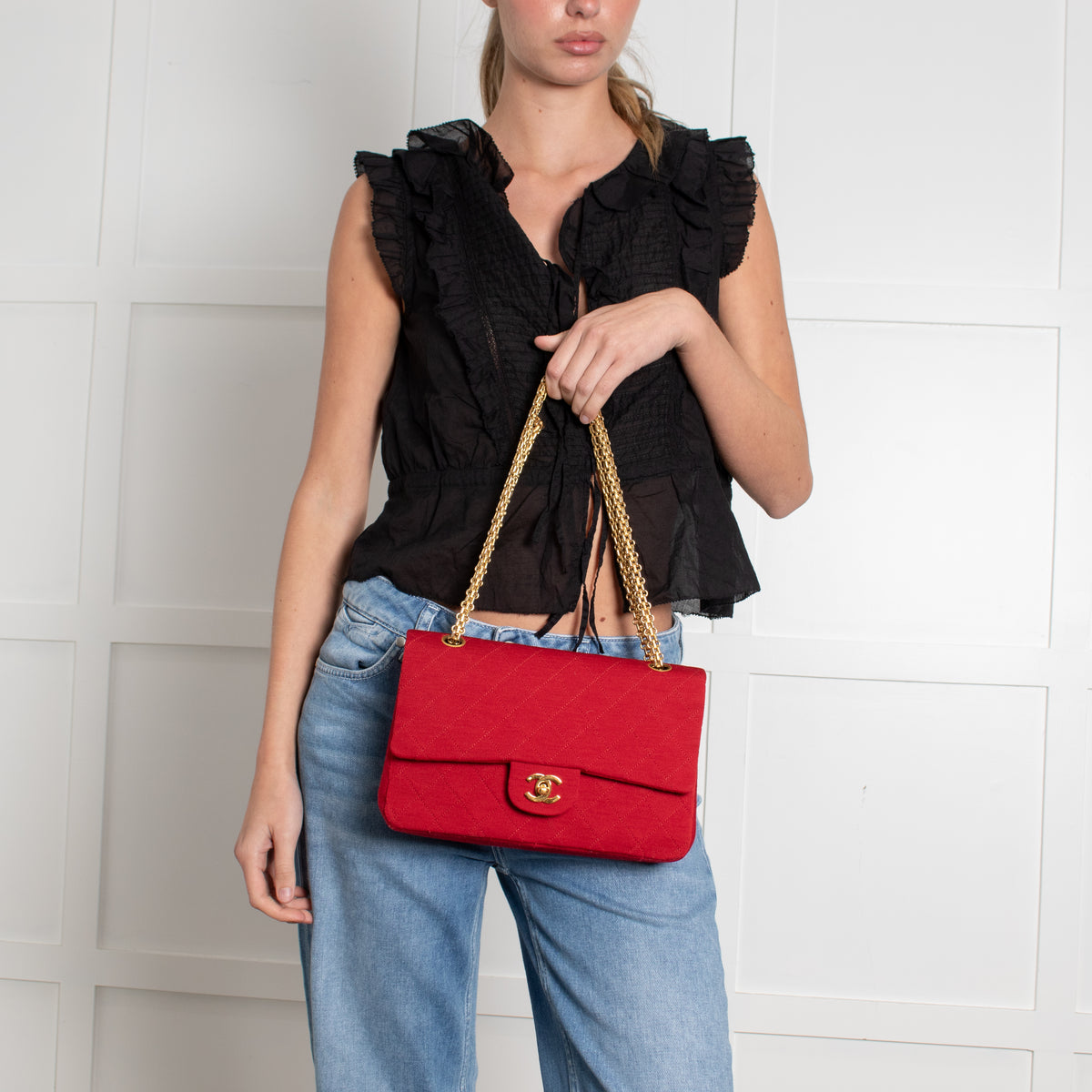 Chanel Red Jersey Quilted Medium Double Flap Handbag