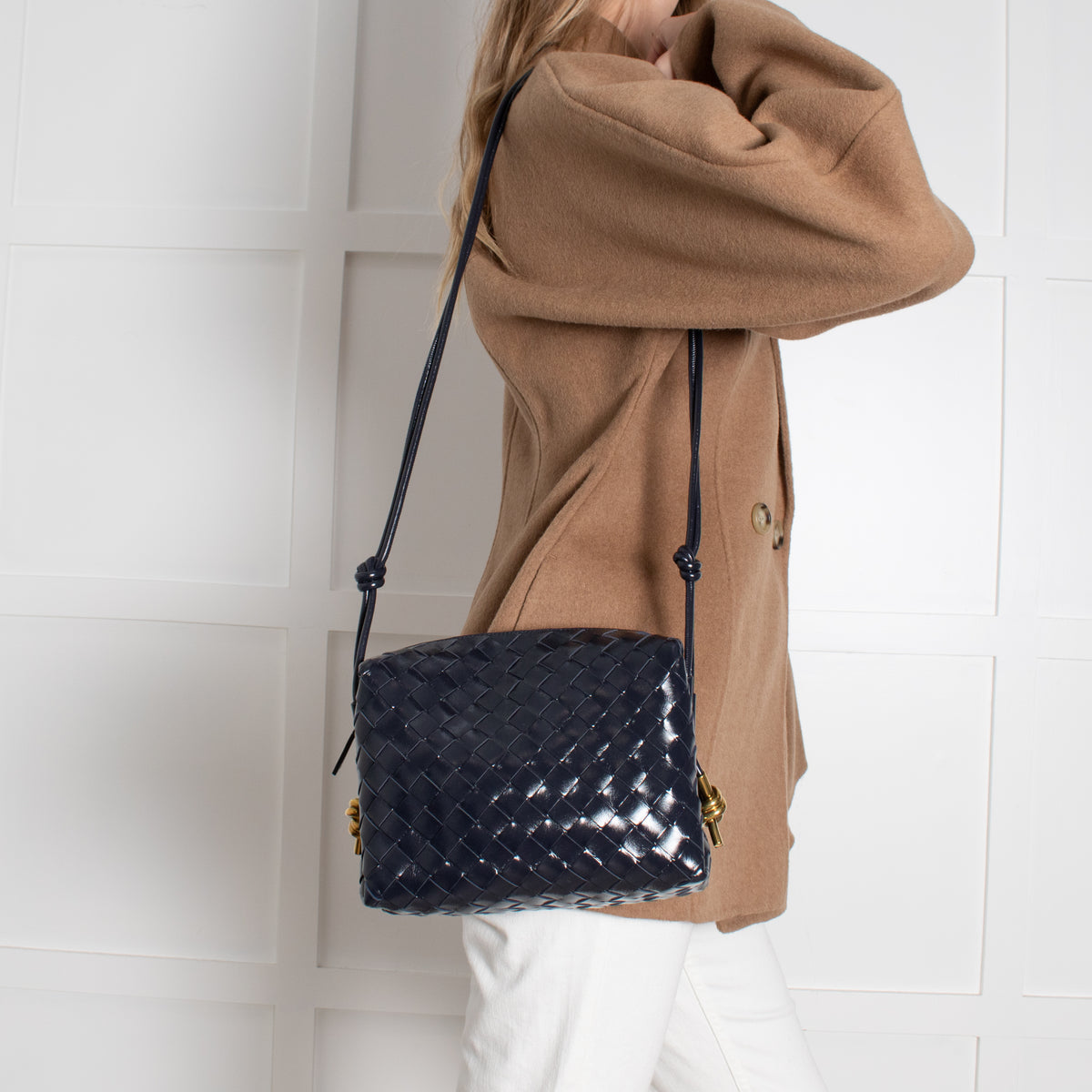 Bottega Veneta Navy Glossy Intrecciato Leather Loop Small Camera Bag