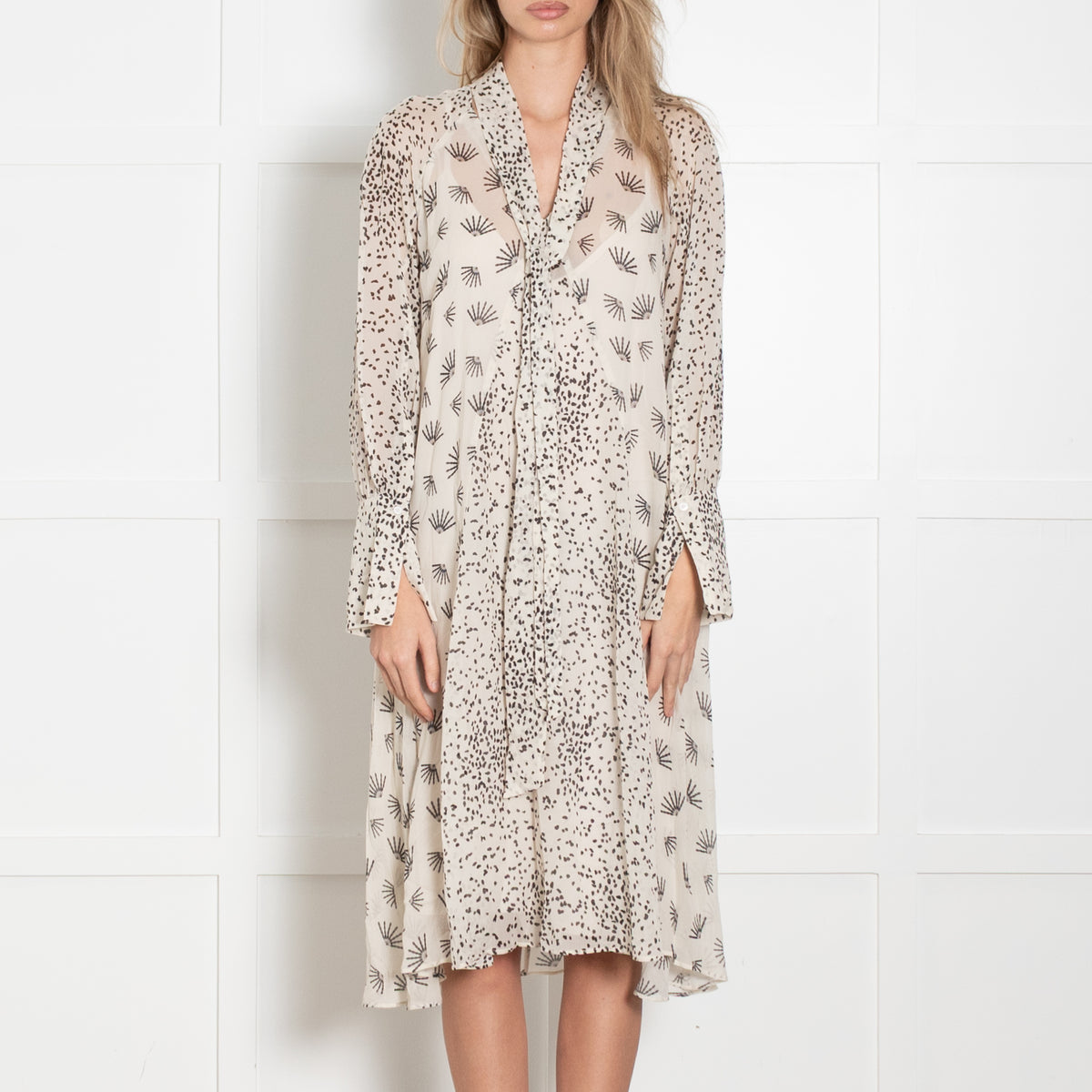 Luisa Cerano Sheer Printed Tie Neck Dress
