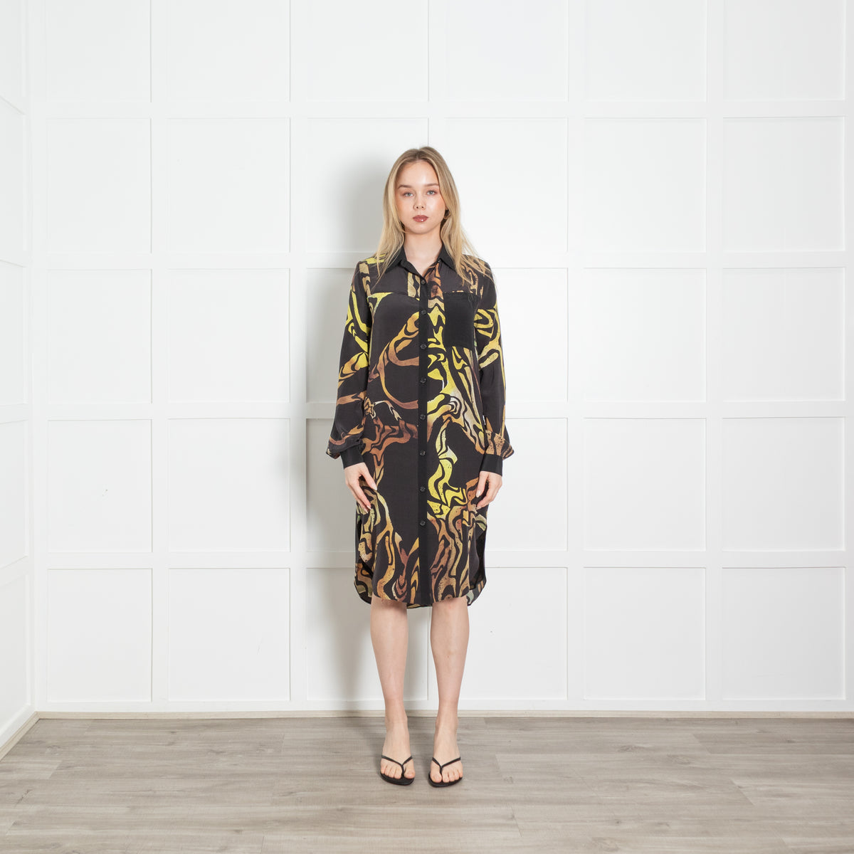 Proenza Schouler Brown Yellow Swirl Print Long Sleeve Shirt Dress