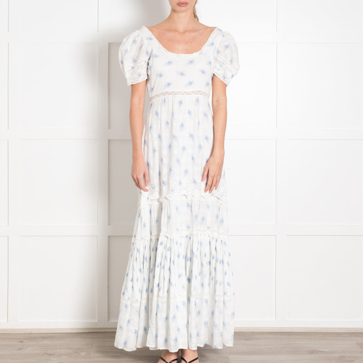 Love Shack Fancy White Cotton Maxi Dress with Pale Blue Flowers
