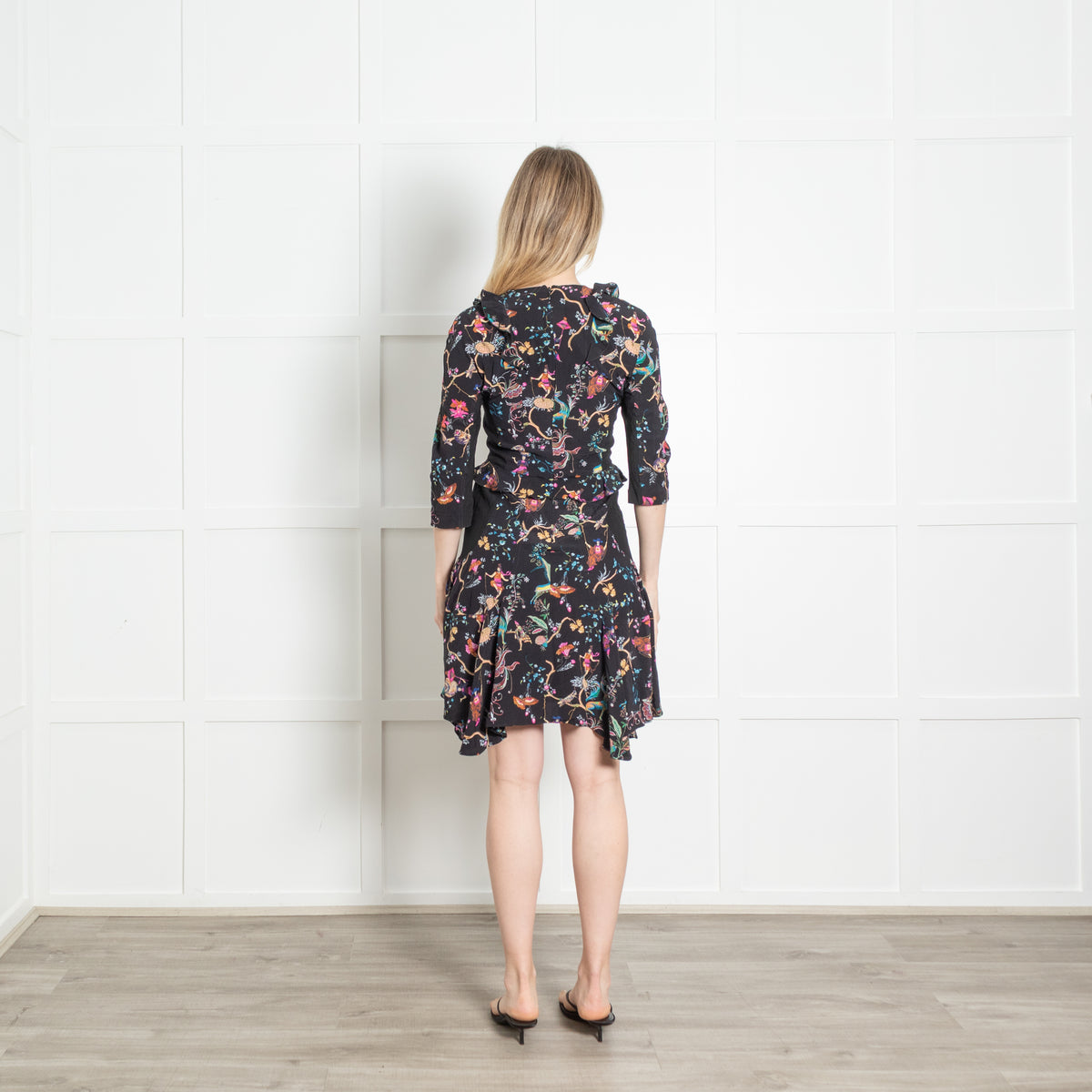 Etro Black Multicolour Floral Frill Trim Dress