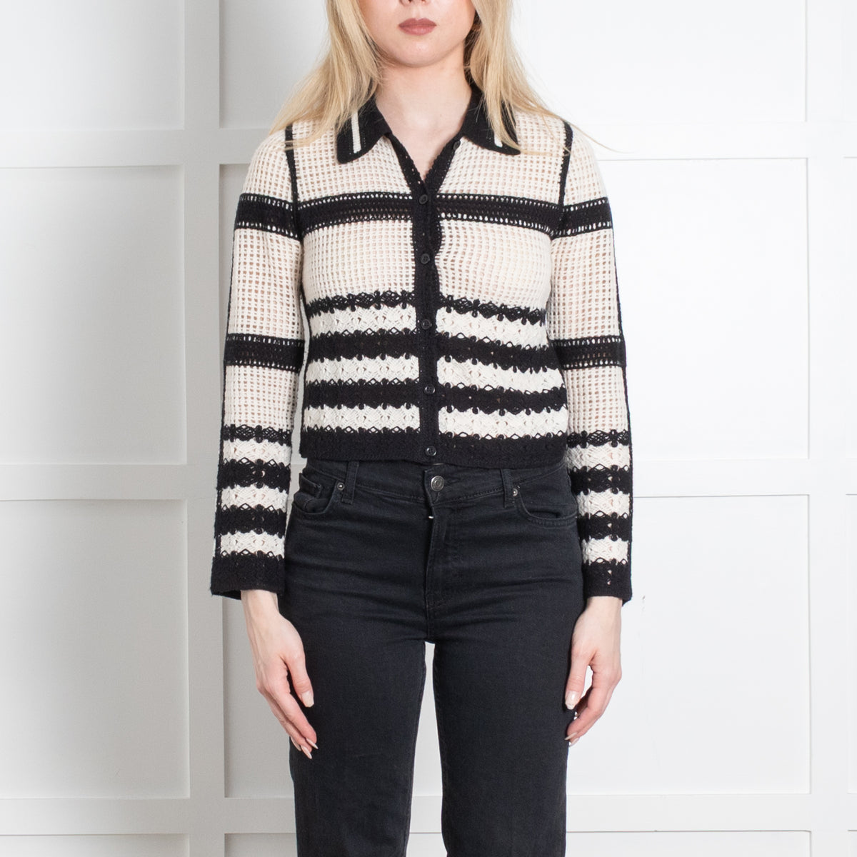 Me + Em Cream Black Crochet Short Cardigan
