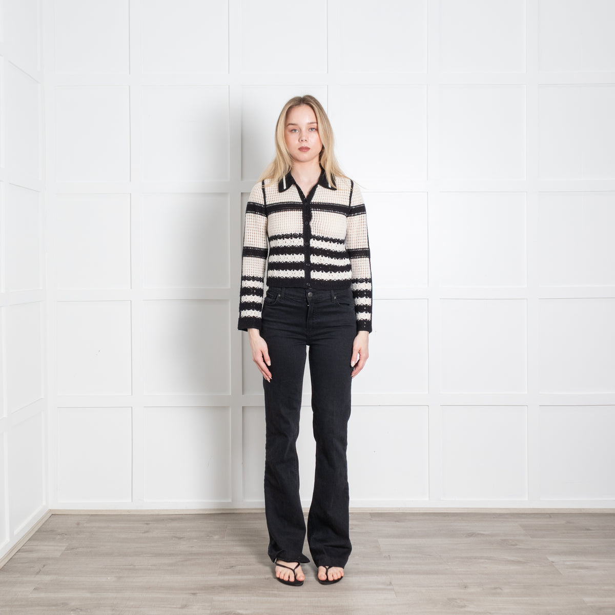 Me + Em Cream Black Crochet Short Cardigan