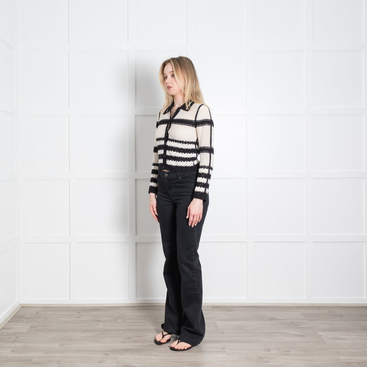 Me + Em Cream Black Crochet Short Cardigan