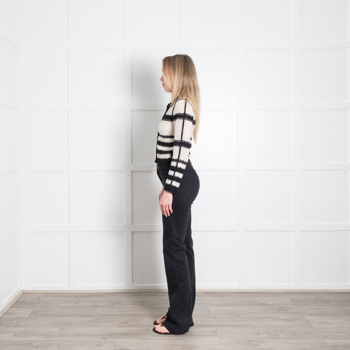 Me + Em Cream Black Crochet Short Cardigan