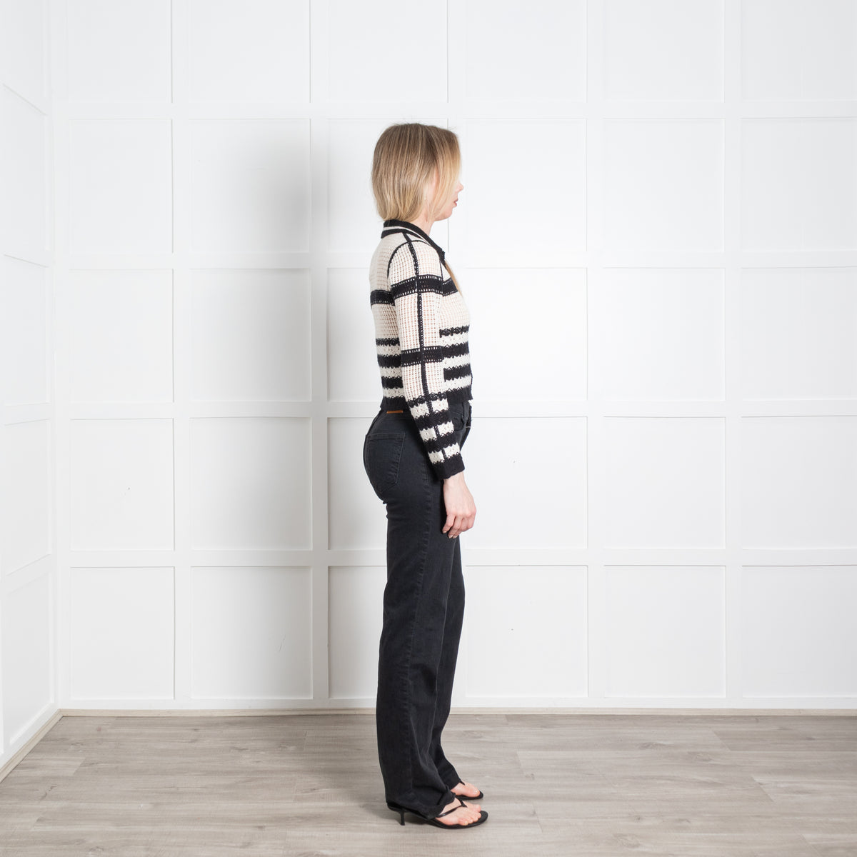 Me + Em Cream Black Crochet Short Cardigan