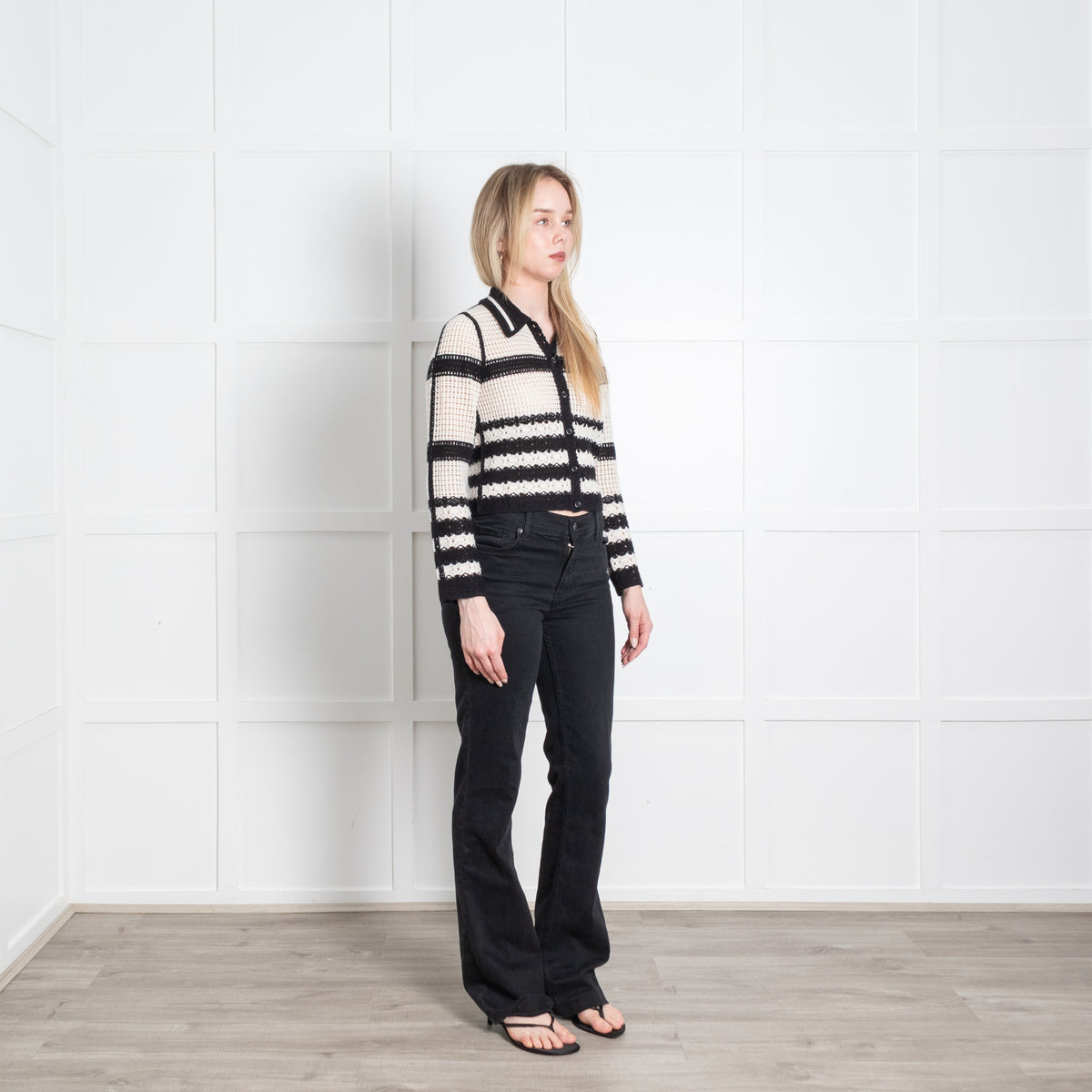 Me + Em Cream Black Crochet Short Cardigan