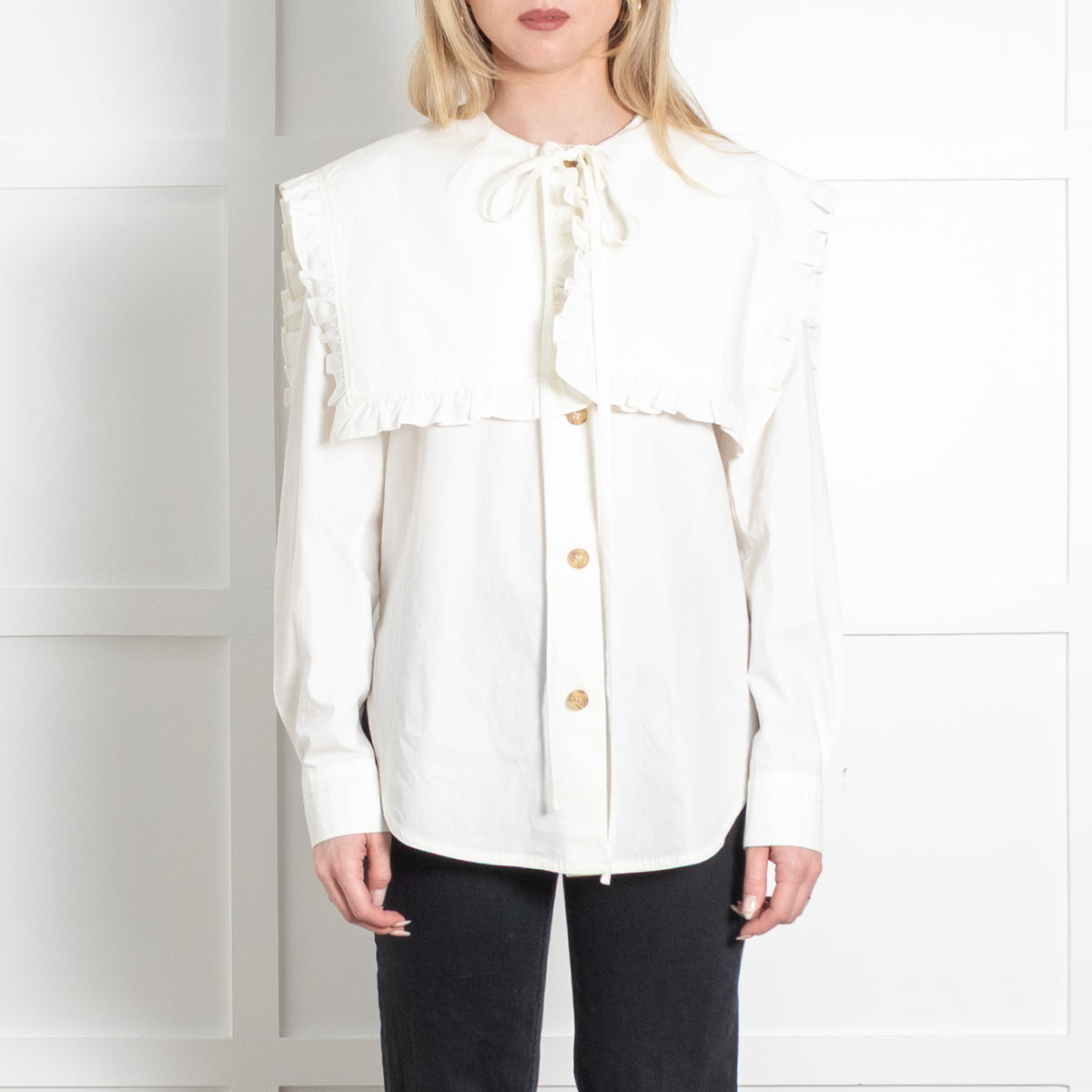 Rejina Pyo Cream Large Frilled Collar Cotton Shirt