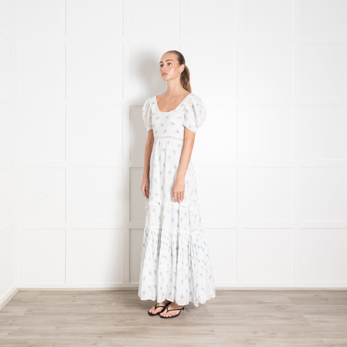 Love Shack Fancy White Cotton Maxi Dress with Pale Blue Flowers