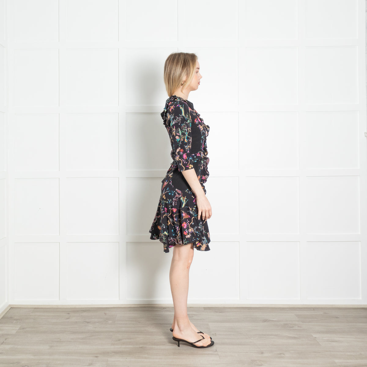 Etro Black Multicolour Floral Frill Trim Dress