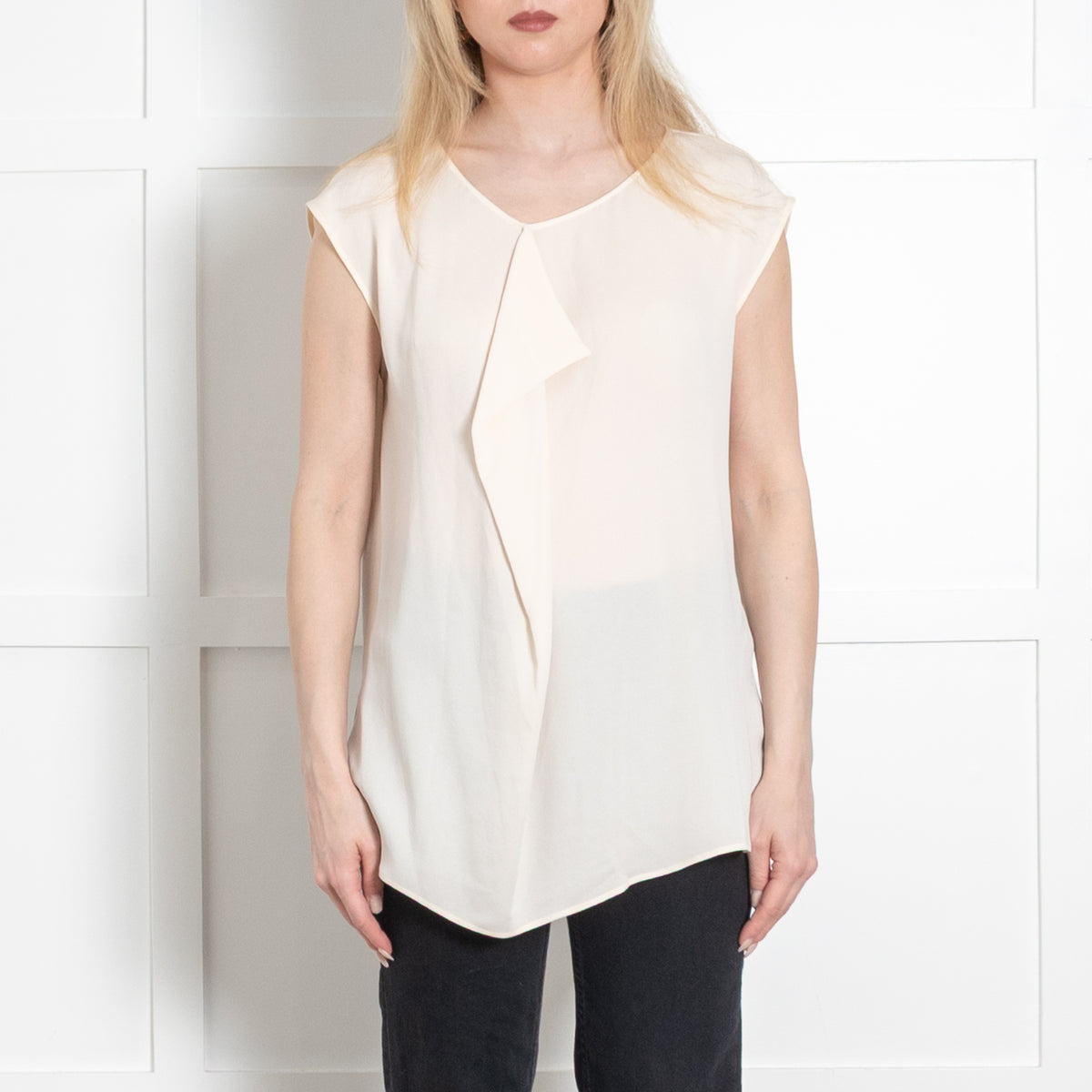 Max Mara Cream Silk Soft Front Ruffle Sleeveless Top