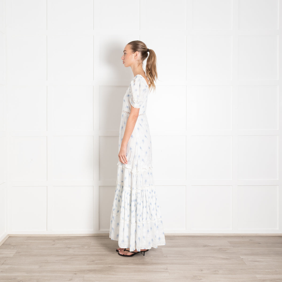 Love Shack Fancy White Cotton Maxi Dress with Pale Blue Flowers