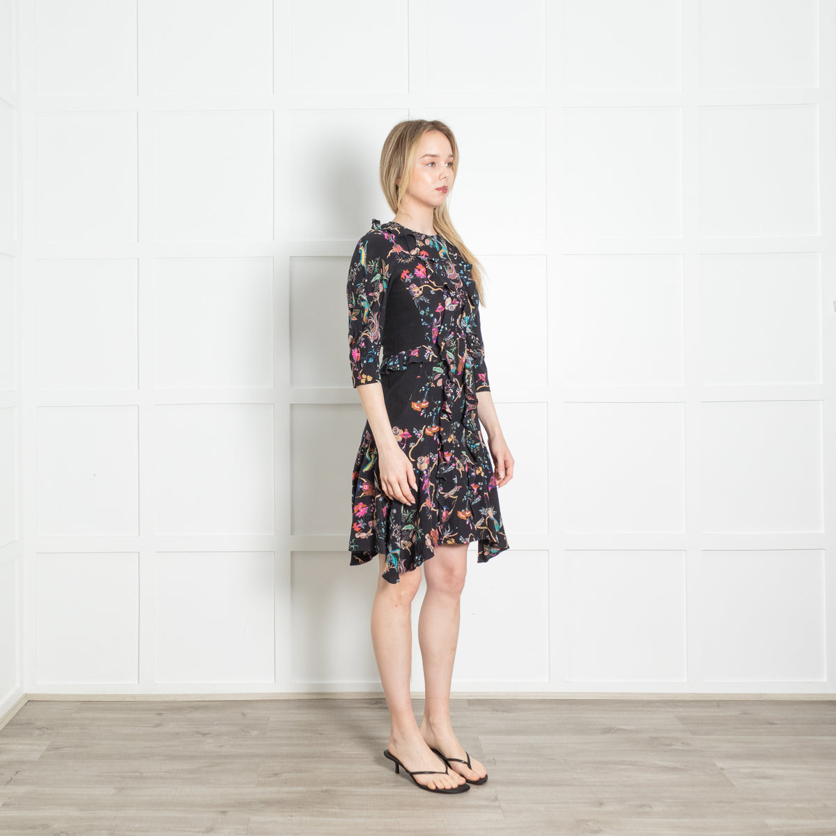 Etro Black Multicolour Floral Frill Trim Dress