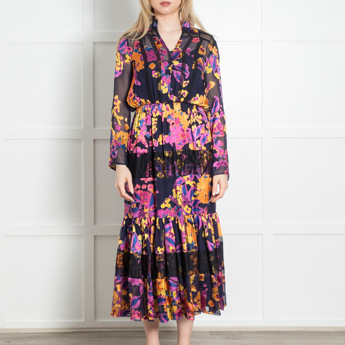 Saloni Navy Purple Yellow Floral Devore Midi Dress With Slip