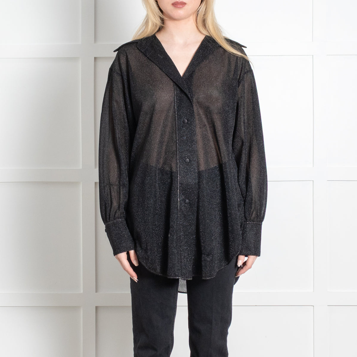 Oseree Black Lurex Sheer Oversized Blouse