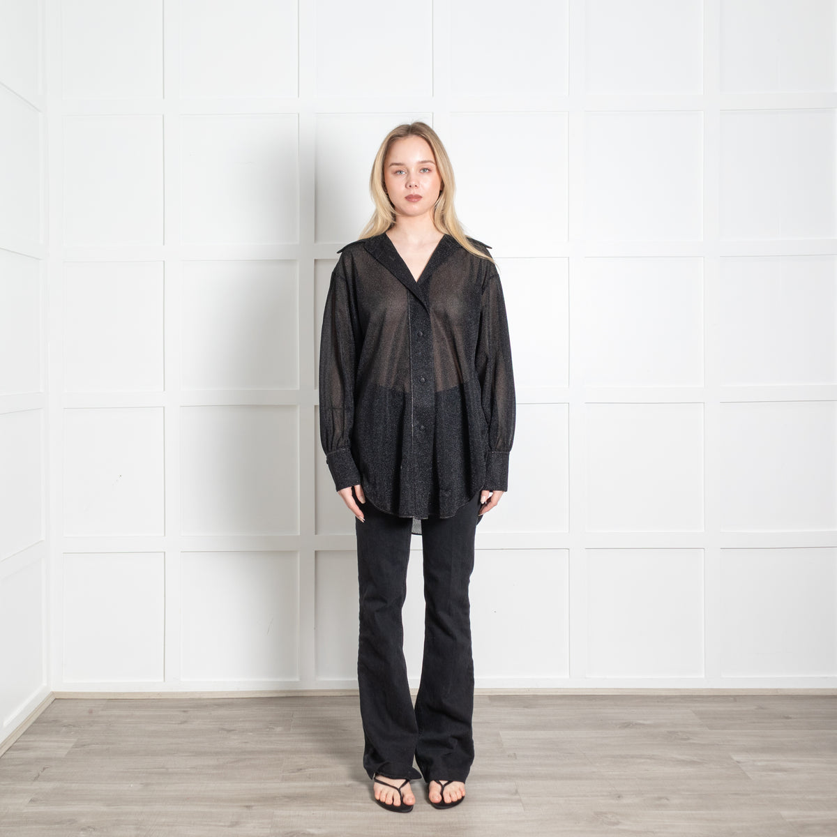 Oseree Black Lurex Sheer Oversized Blouse