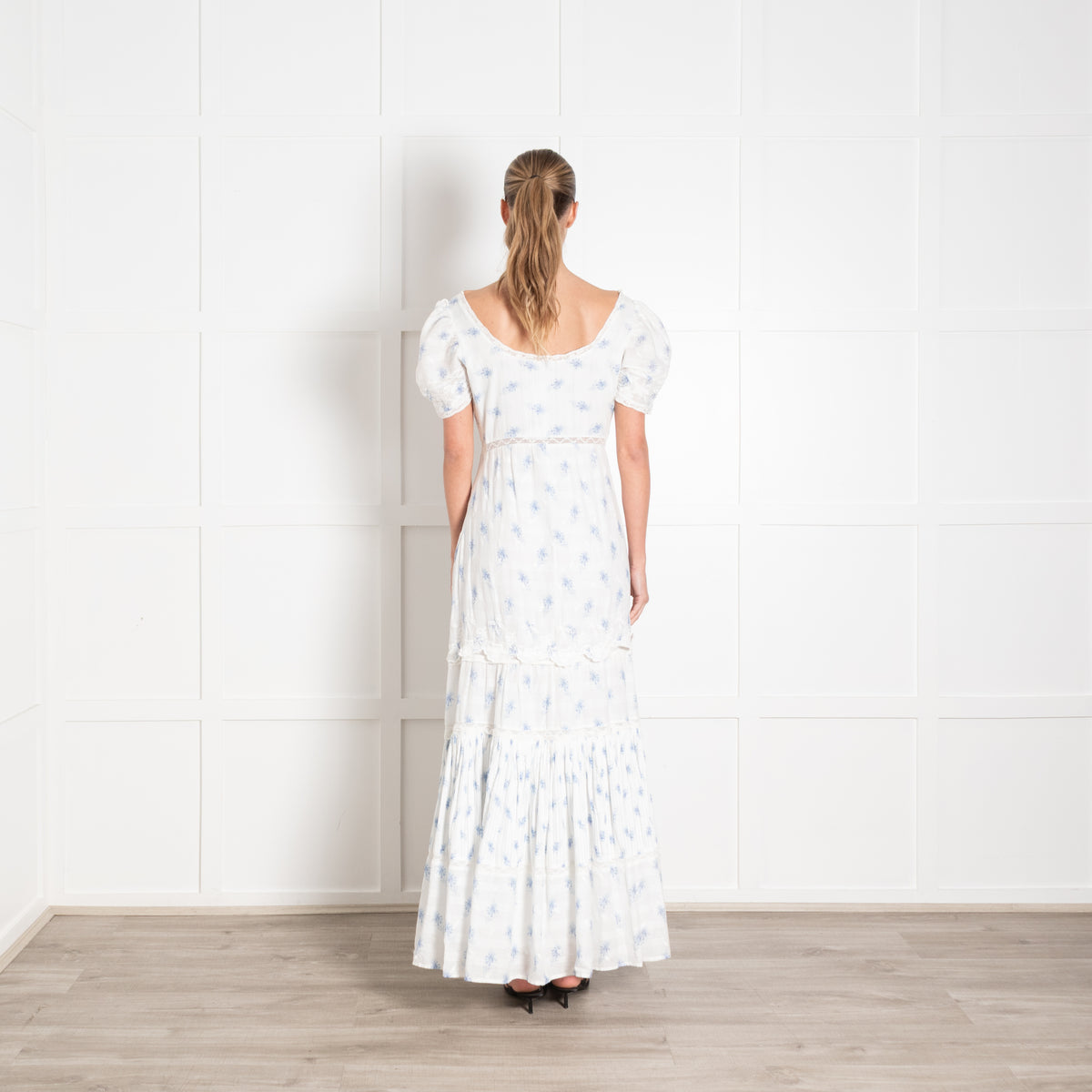 Love Shack Fancy White Cotton Maxi Dress with Pale Blue Flowers