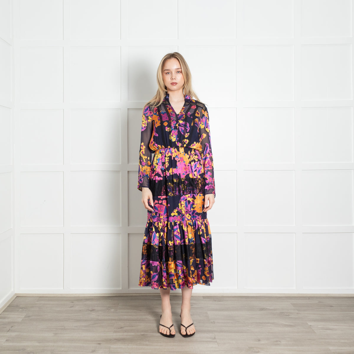 Saloni Navy Purple Yellow Floral Devore Midi Dress With Slip