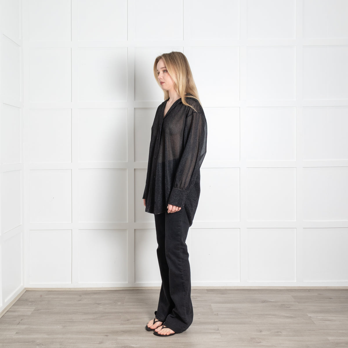 Oseree Black Lurex Sheer Oversized Blouse