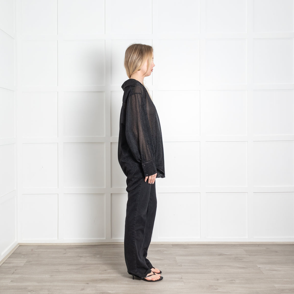 Oseree Black Lurex Sheer Oversized Blouse